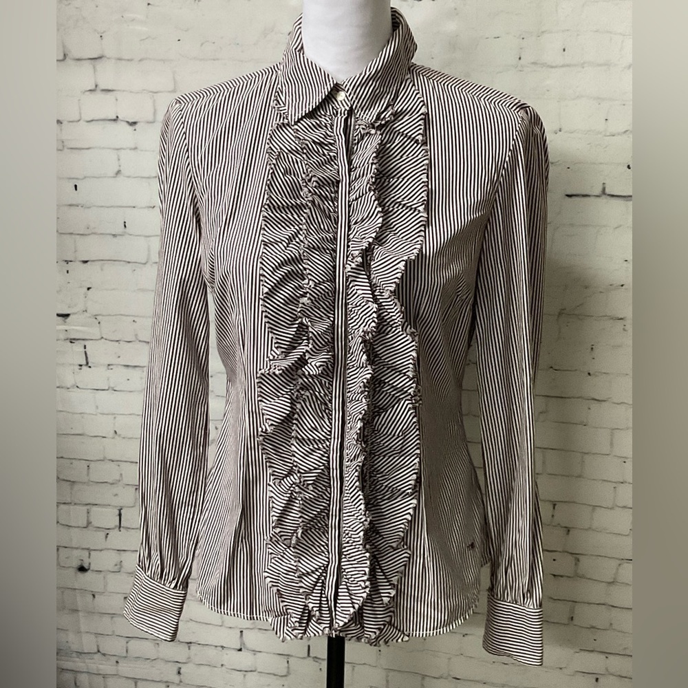 Tommy Hilfiger Women Purple White Ruffled Button Up Dress Shirt Blouse XS EUC E1